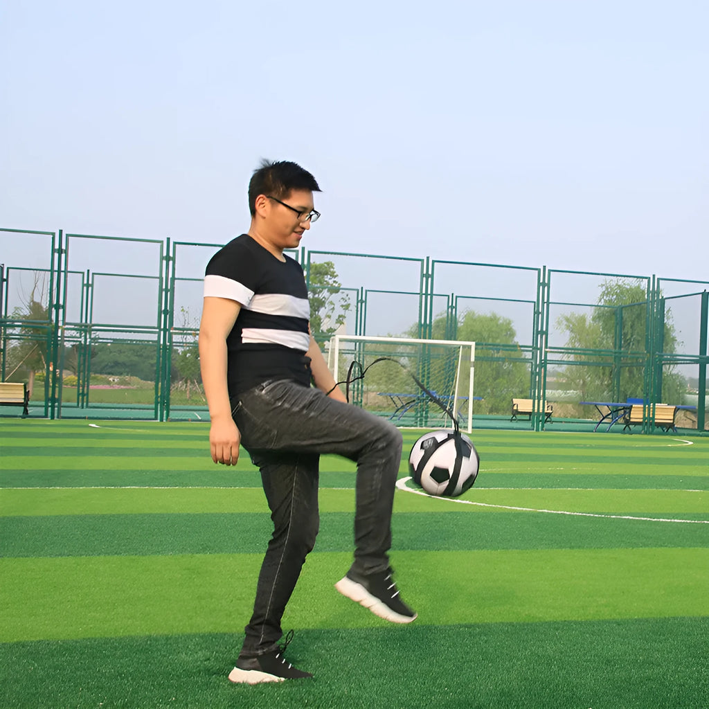 Black football juggling belt with adjustable strap for solo training practice