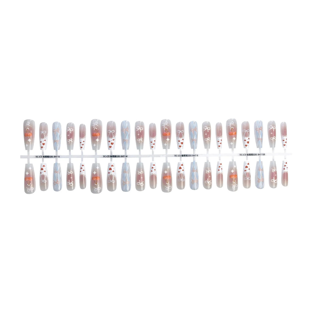 Retro gothic prefabricated nail stickers in pink cherry long ladder shape, 40 pieces per set