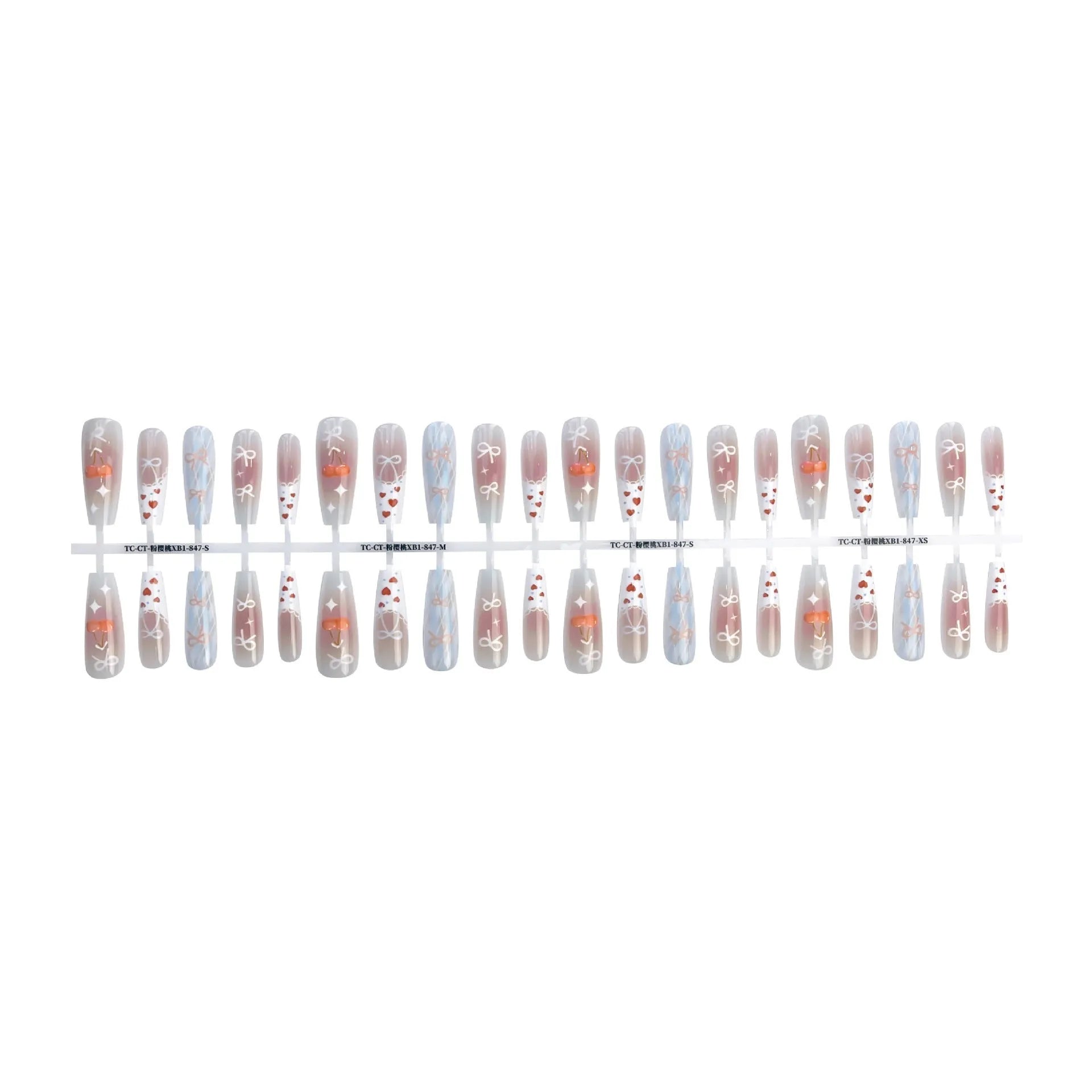 Retro gothic prefabricated nail stickers in pink cherry long ladder shape, 40 pieces per set