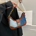 Brown denim women's shoulder bag with diamond mesh detail and chain strap