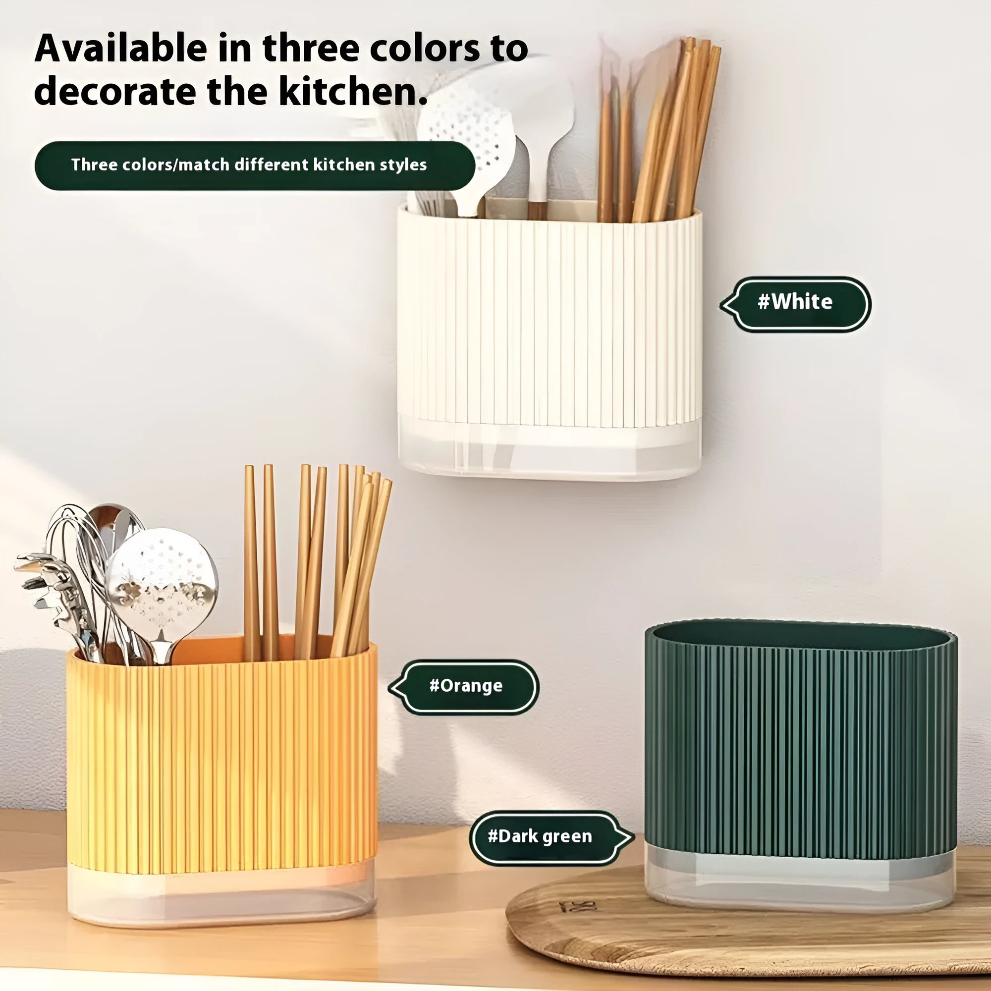Beige plastic wall hanging chopstick holder basket for kitchen utensil storage and drying