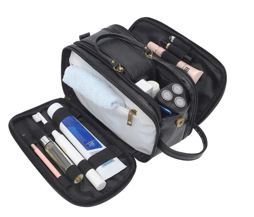 Men's black or brown Pu leather toiletry bag for travel storage.