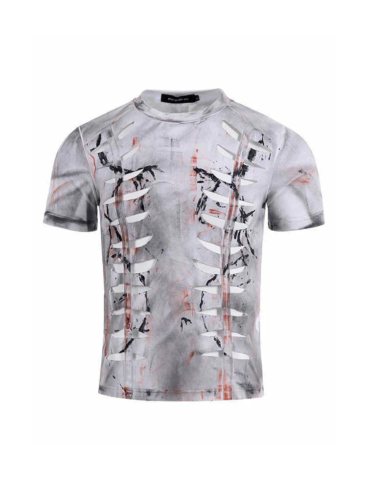 White men's cut hollow-out tight stretch cotton short sleeve round neck T-shirt