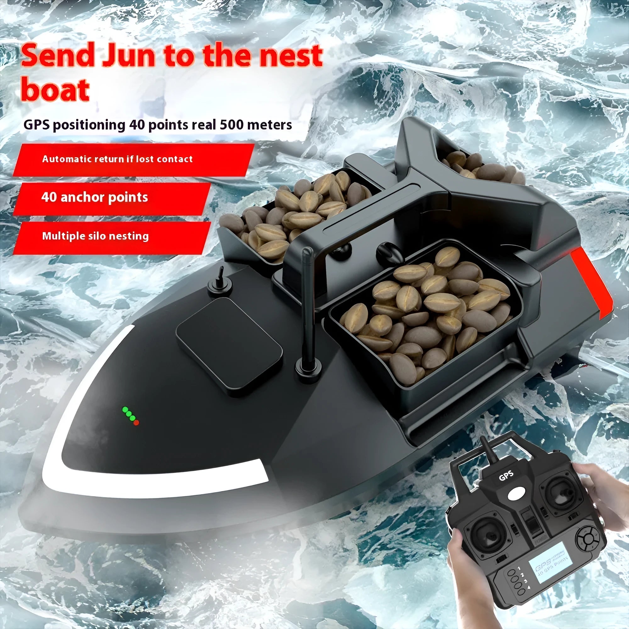 GPS remote control fishing boat with Beidou navigation system and LED lighting
