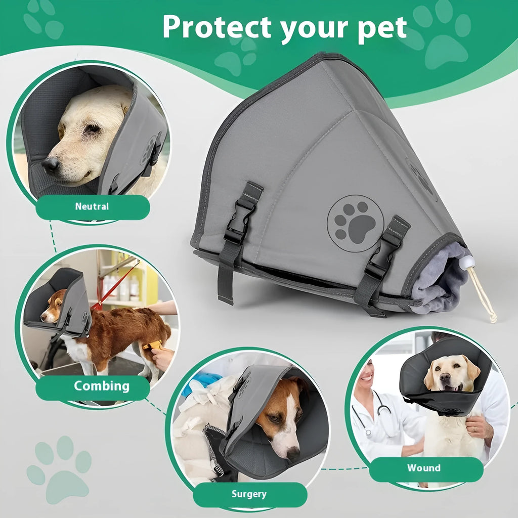 Adjustable polyester pet sterilisation collar in sizes L, M, XL shown in double-layer and single-layer styles.