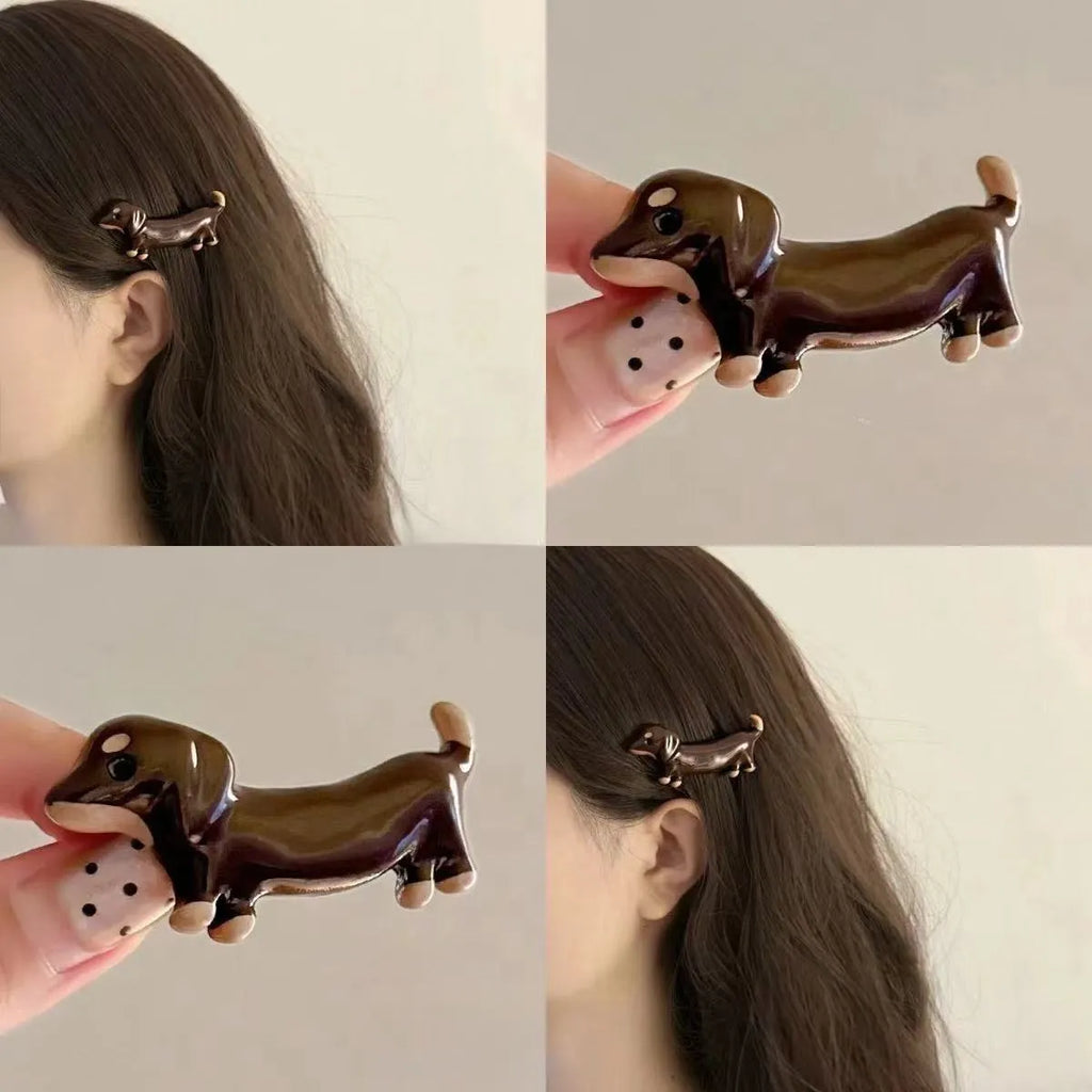 Cute dachshund dog barrettes with electroplated finish on light background