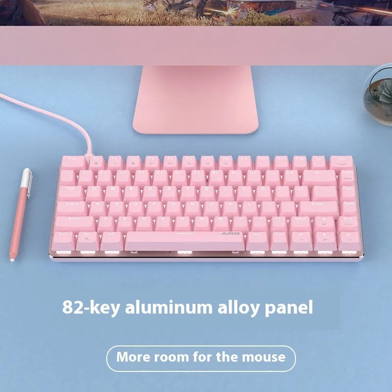 Pink 82-key mechanical keyboard with white backlight on a metal case.