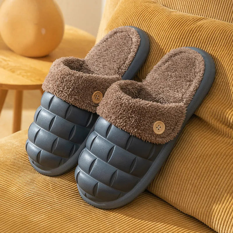 Plaid detachable EVA slippers for women with plush lining and a non-slip sole, shown in pink colour.