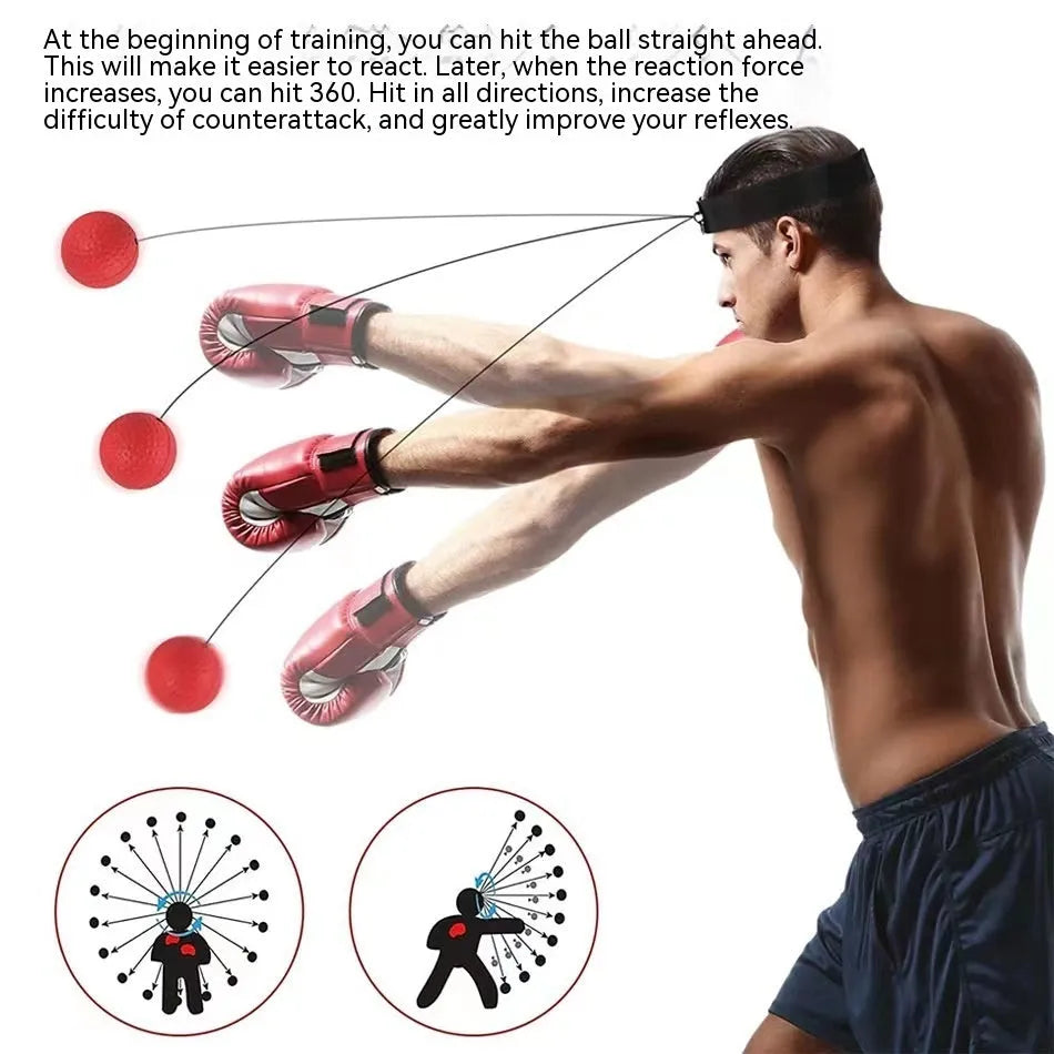 Boxing reaction training kit with headband-mounted balls in various colours including red, black, green, yellow, and fluorescent green options