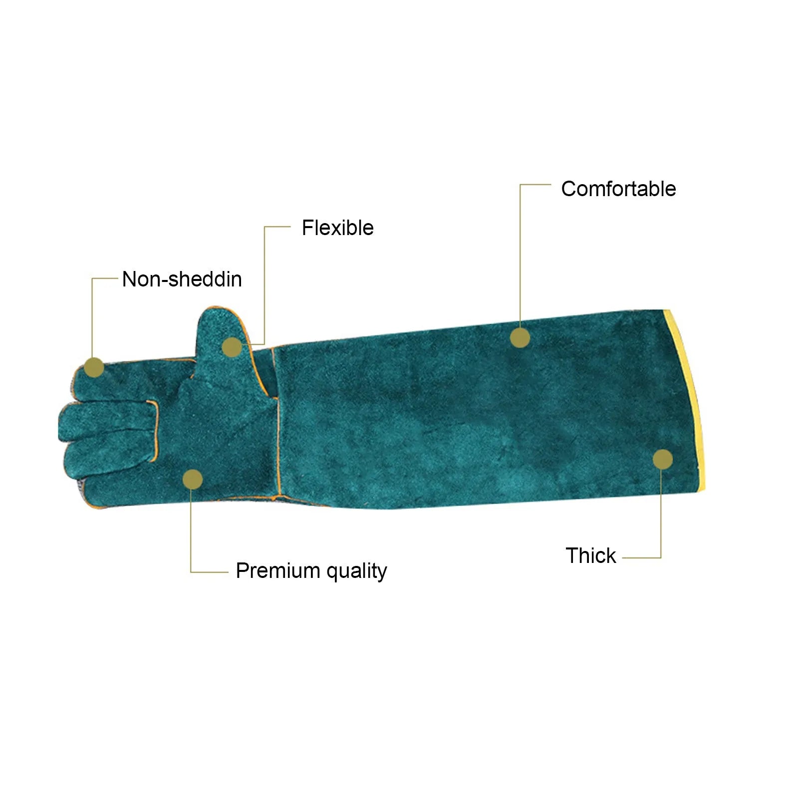Multi-function anti-bite safety gloves made of thickened cowhide leather, dark green, with extended barrel cuffs for animal handling.