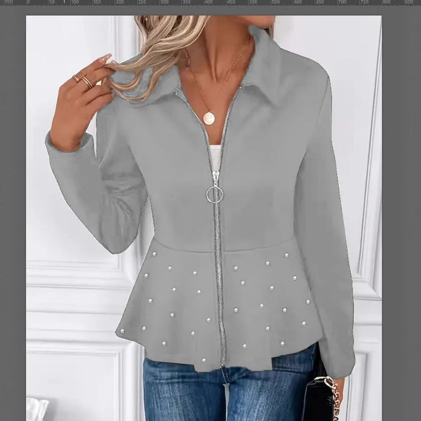 Women's black loose fit coat with heavy-duty zipper and ruffled hem, made from Spandex fabric.