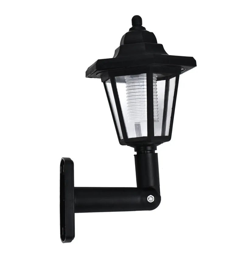 Black hexagonal solar wall lamp with IP44 waterproof rating for outdoor garden installation