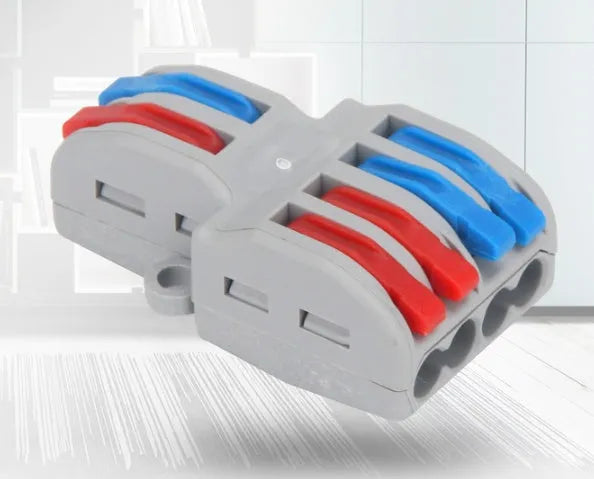 A 32A quick wire connector with a fire insulation shell, shown with wire insertion points.