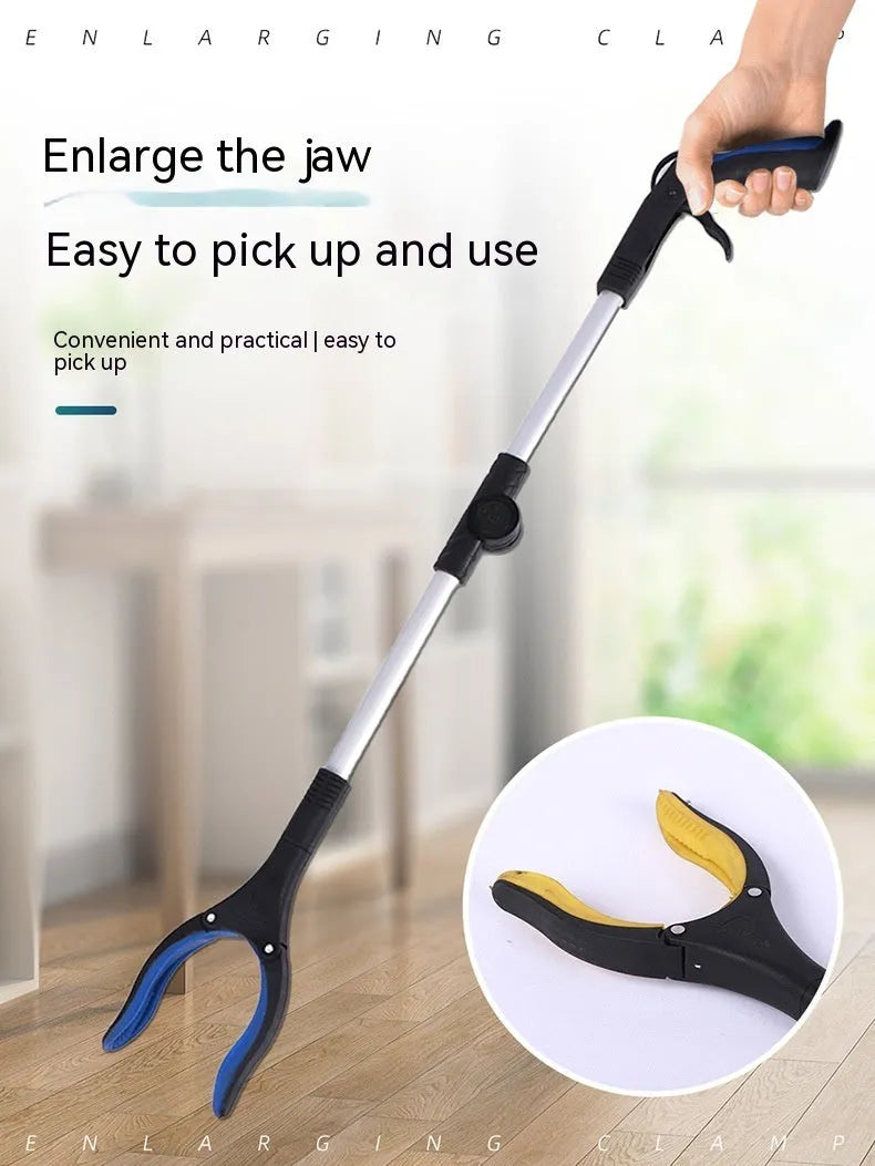 Foldable aluminium garbage pick-up clamp with extended silver rod and blue handle, showing magnet sucker.