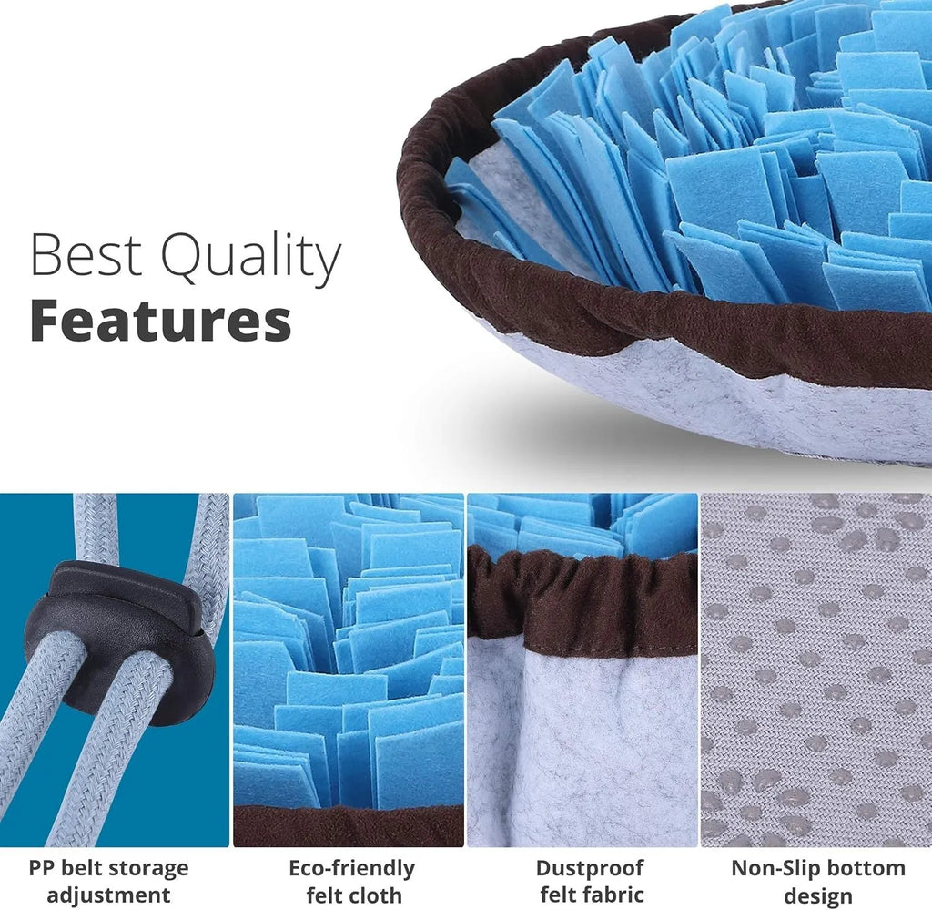 Adjustable fleece snuffle mat for dogs in blue, with non-slip base, 30cm diameter, for slow feeding and mental enrichment
