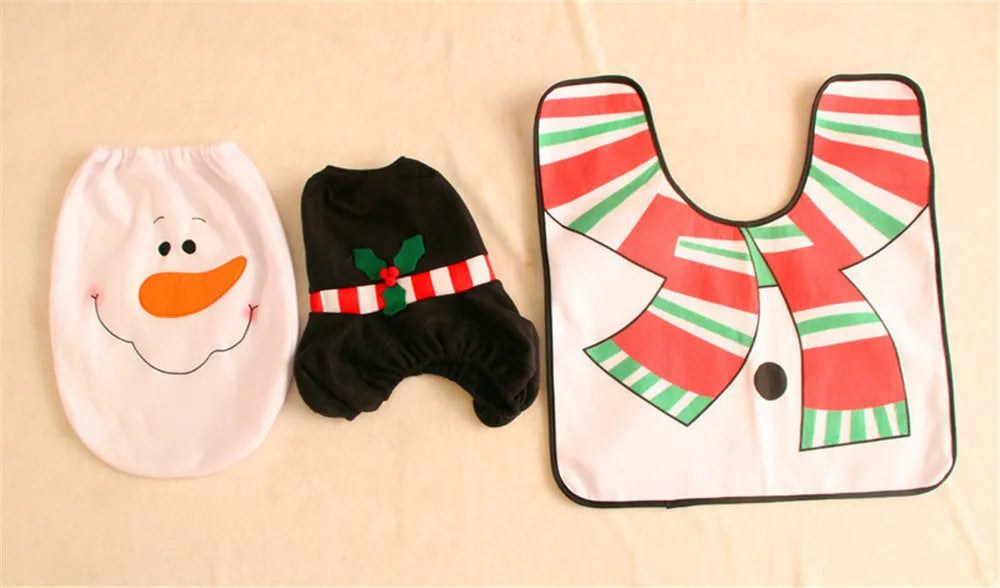 Christmas bathroom set with flannel shower curtain, toilet cover and floor mat featuring Santa design