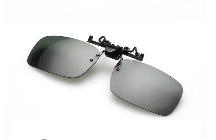 Clip-on myopia sunglasses with PC lens in gray colour showing side clip attachment for driving and outdoor use
