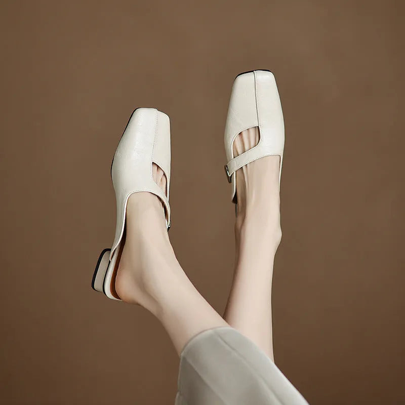 Leisure low heel slippers with square toe in black, beige, and silver on rubber sole.