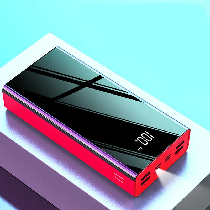 Large 40000mAh power bank with LCD display in red or black colour options.