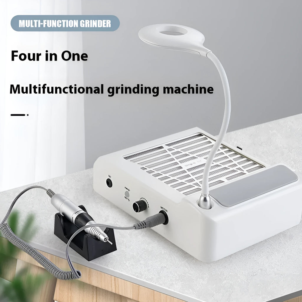 White four-in-one nail grinder machine with integrated vacuum cleaner on a table