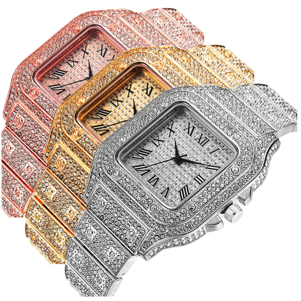 Roman grain graduation quartz watch set with square diamond studded dial and black mesh band