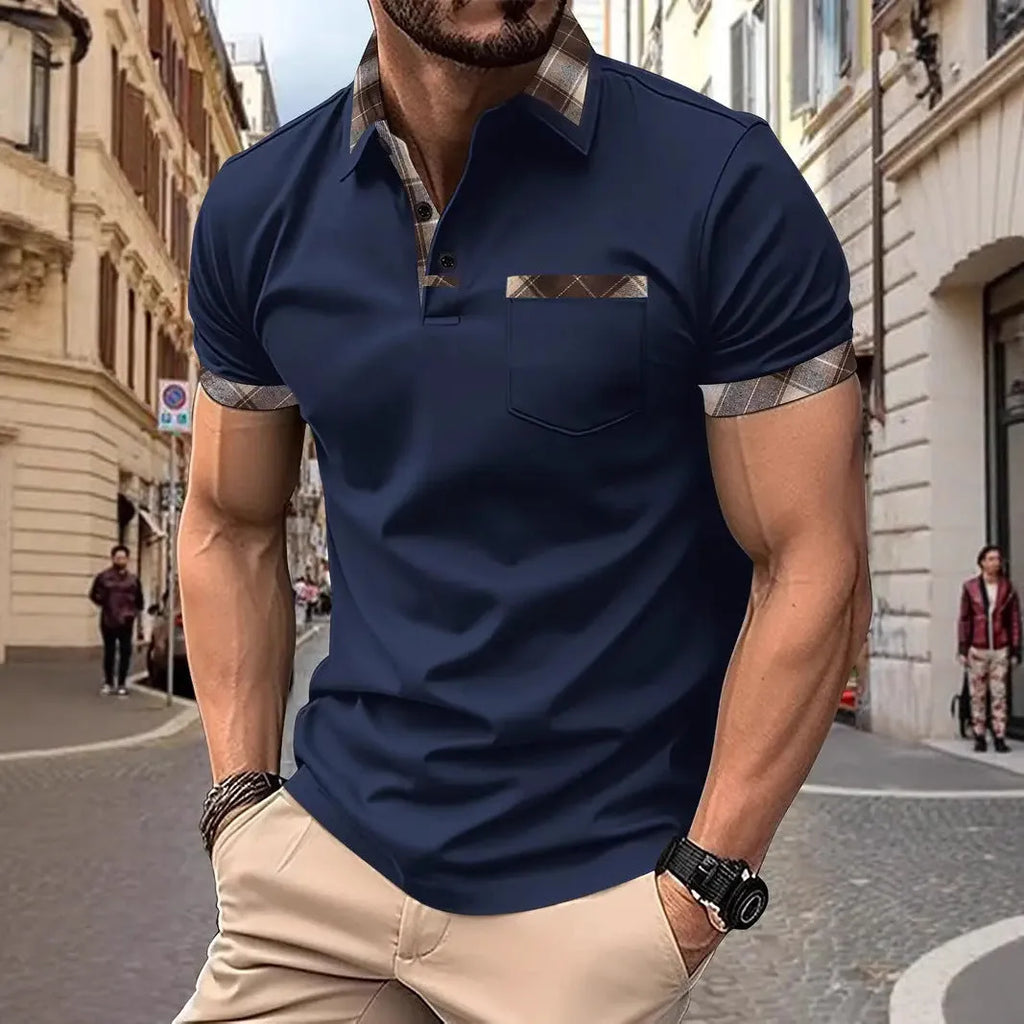 Men's plaid colourblock T-shirt with zip decorations in loose fit style