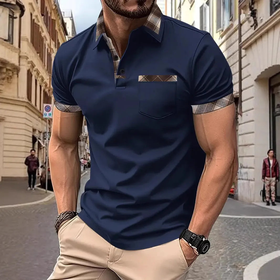 Men's plaid colourblock T-shirt with zip decorations in loose fit style