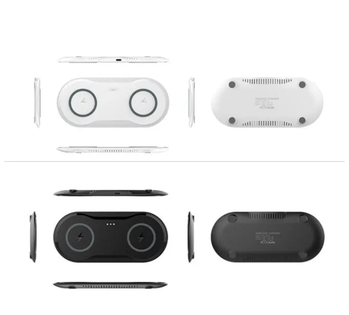 Black and white dual wireless charging pad for two phones with Qi fast charging compatibility