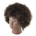 Black real human hair model wig with short fluffy style on head mold for salon display