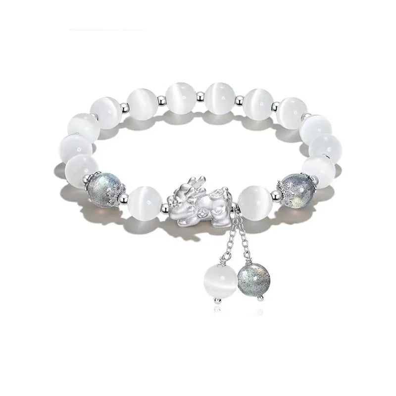Natural black agate and opal 10mm wave shaped bracelet in gray, couple style handcrafted
