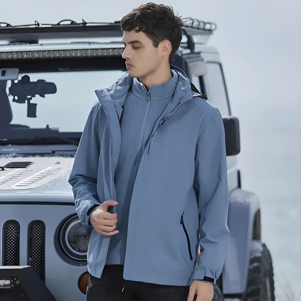 Men's waterproof mountaineering suit with removable jacket and trousers in fluorescent colours