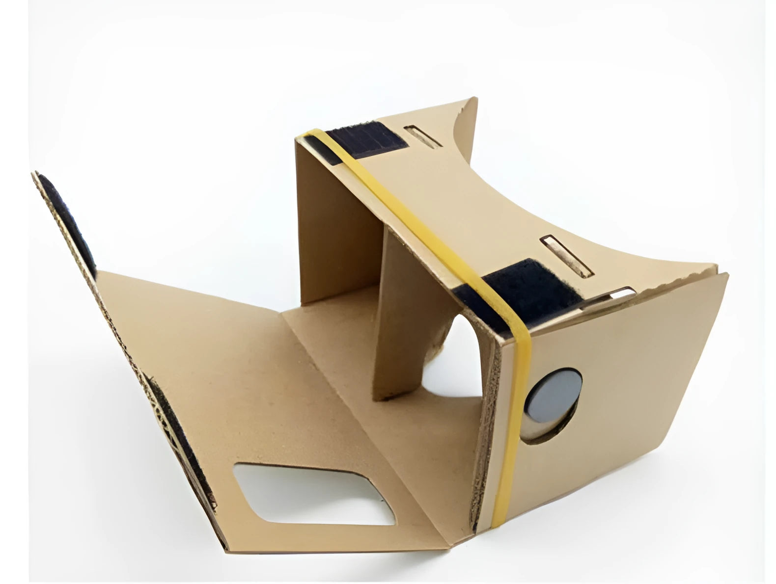 Pink and white cardboard VR glasses viewer for smartphones with 3D lenses.