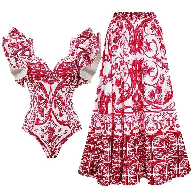 Women's printed one-piece polyester swimsuit available in multiple colours and sizes S to XL