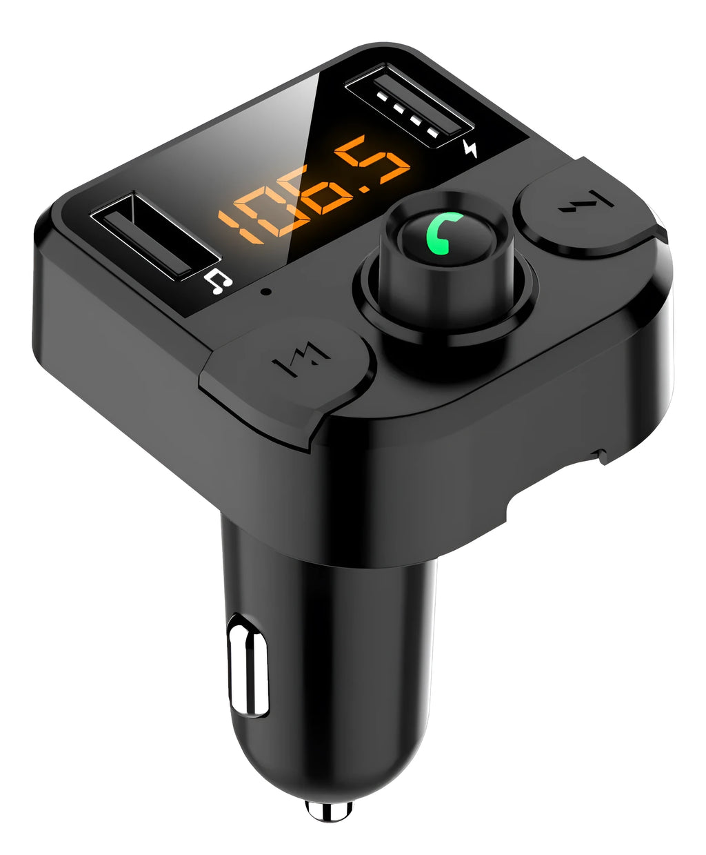 BT36B black car MP3 Bluetooth player with 1.1-inch display, plugged into vehicle cigarette lighter socket