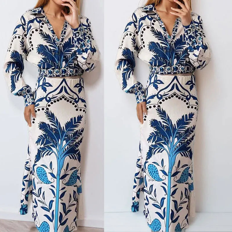 Women's floral print polyester co-ord set with long sleeve top and matching long skirt