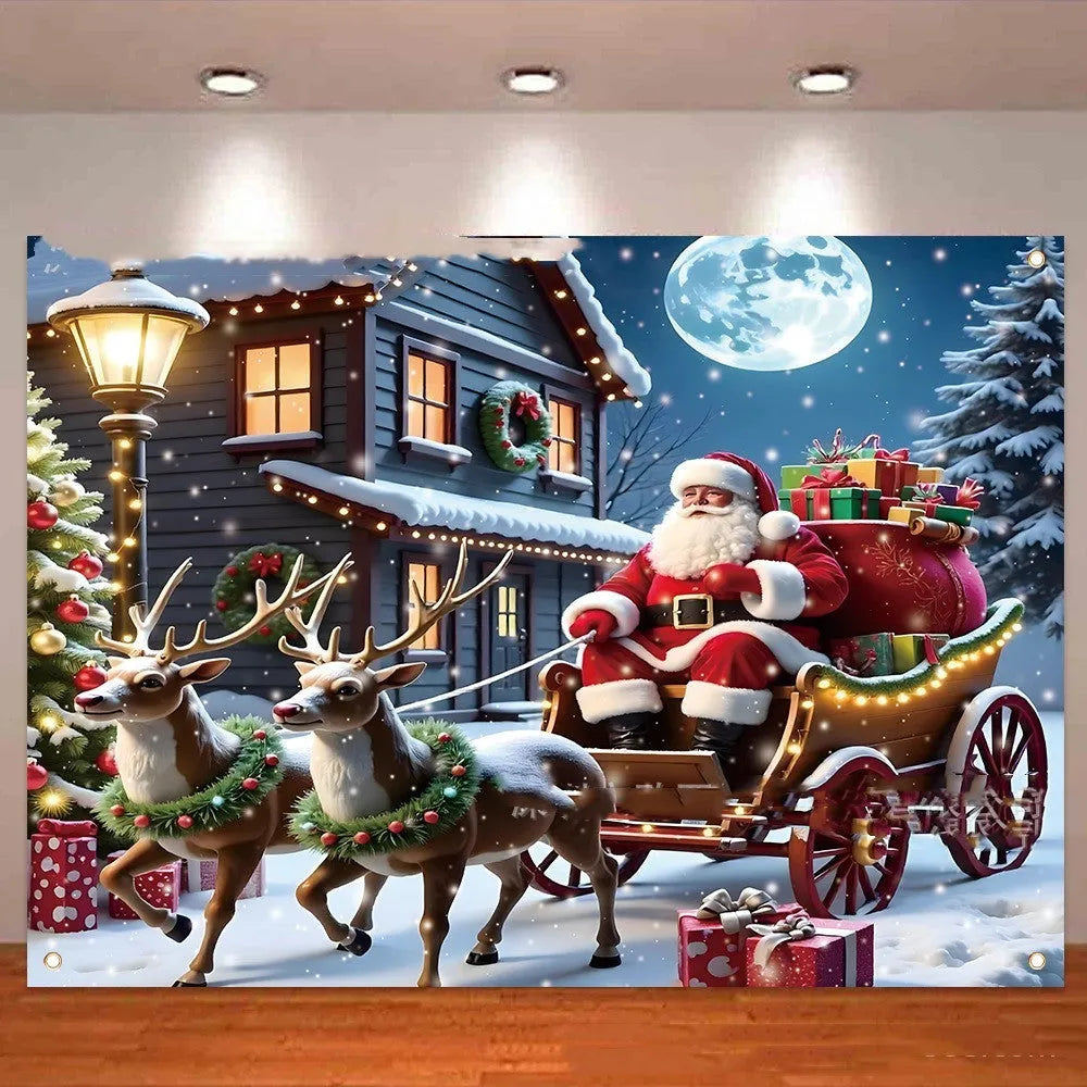 Christmas banner with Santa Claus and night gift design on white background, 210x150cm polyester fabric.