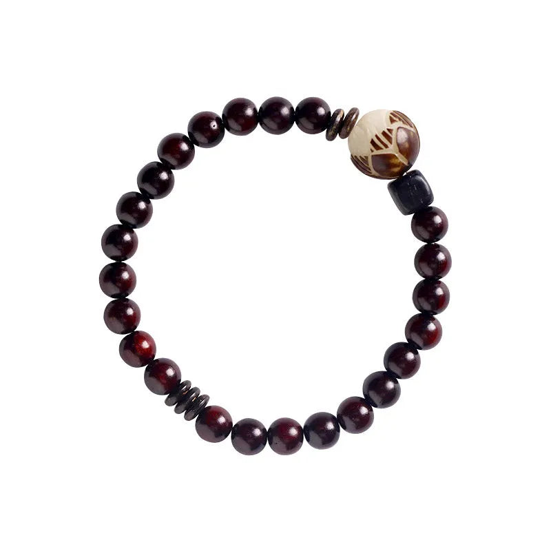 Natural rosewood knitted unisex bracelet with 10mm flower-shaped beads double circle on white background