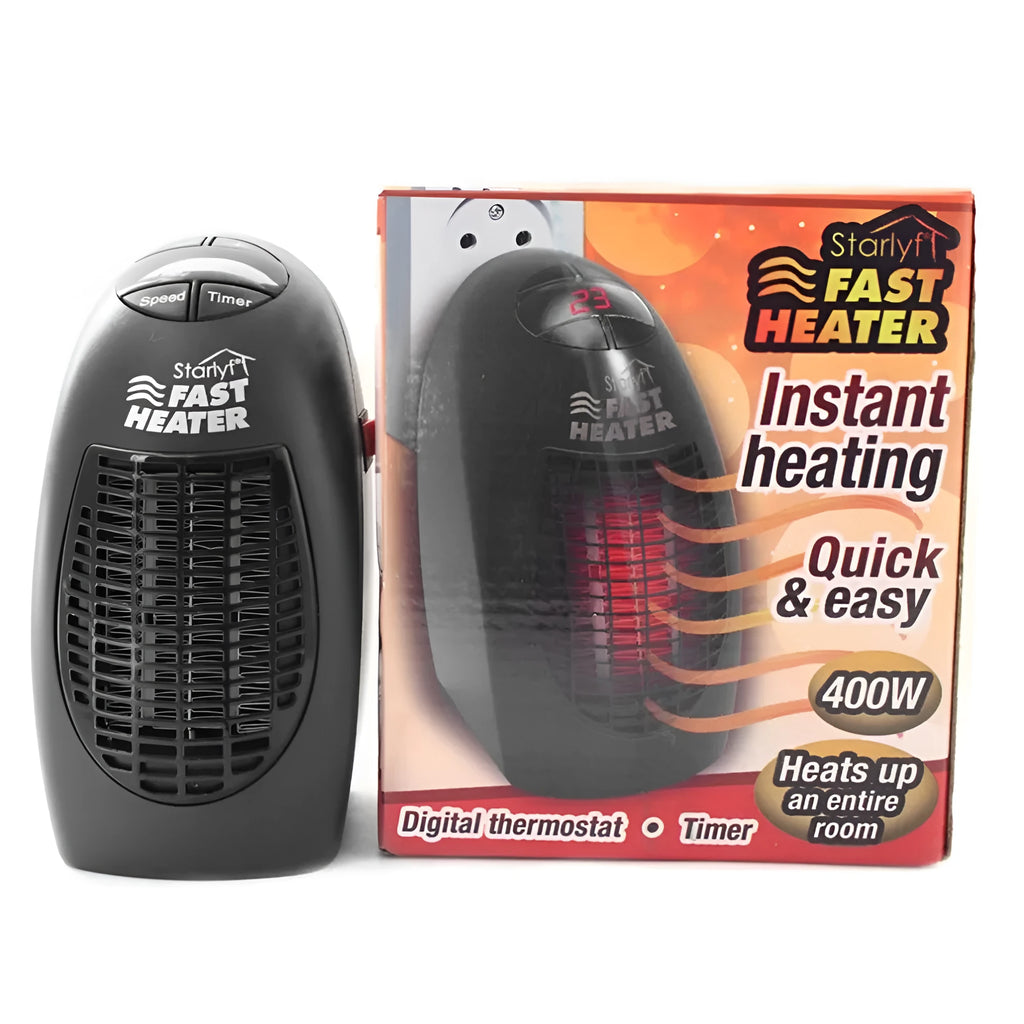 Black compact mini ceramic electric heater with digital display and a rotating plug.