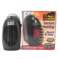 Black compact mini ceramic electric heater with digital display and a rotating plug.