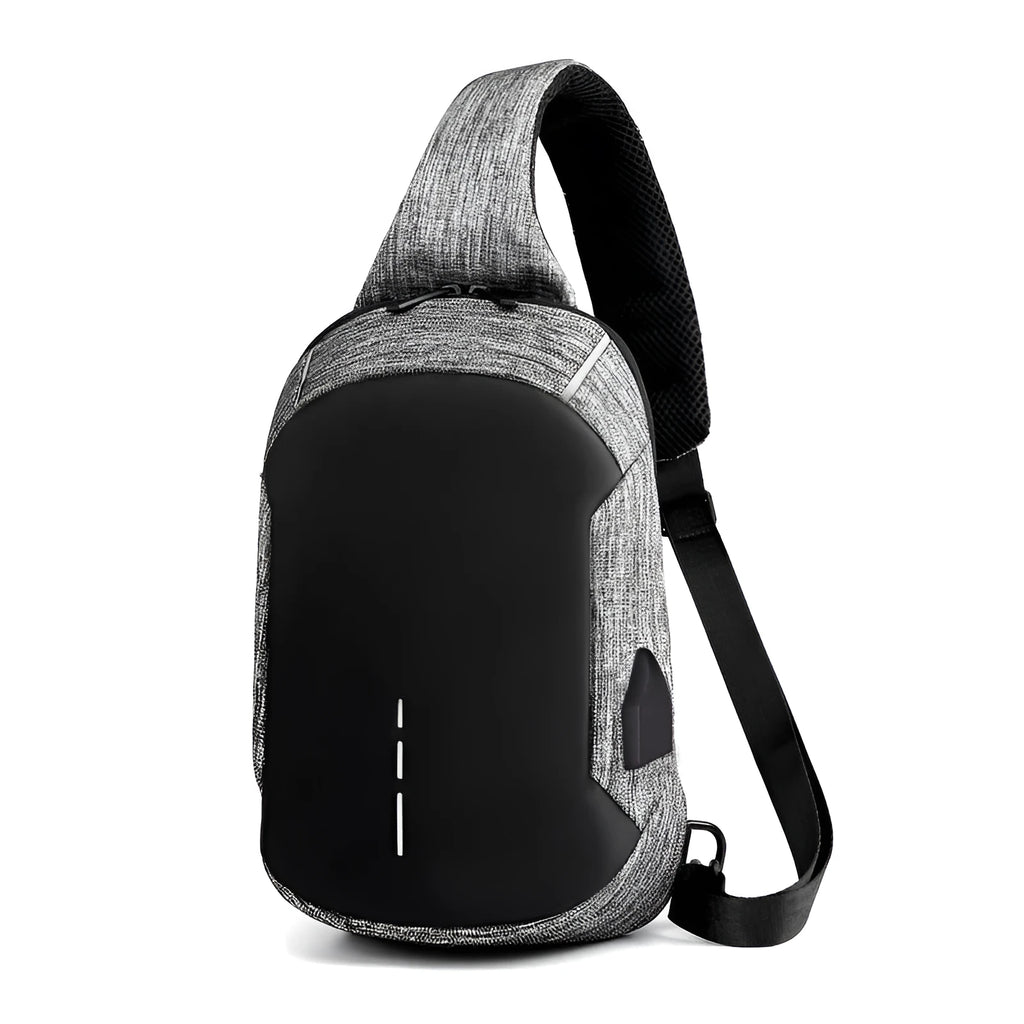 Small dark blue oxford cloth waterproof chest bag with a single strap, shown with the zipper open.