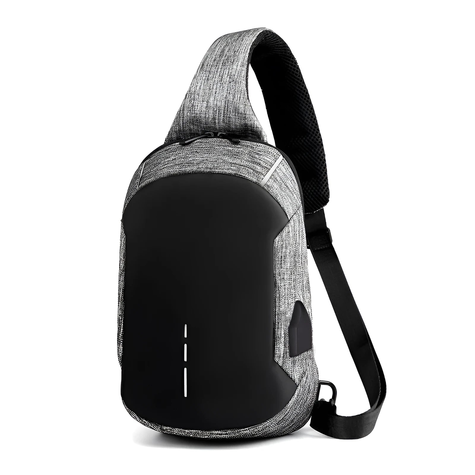 Small dark blue oxford cloth waterproof chest bag with a single strap, shown with the zipper open.