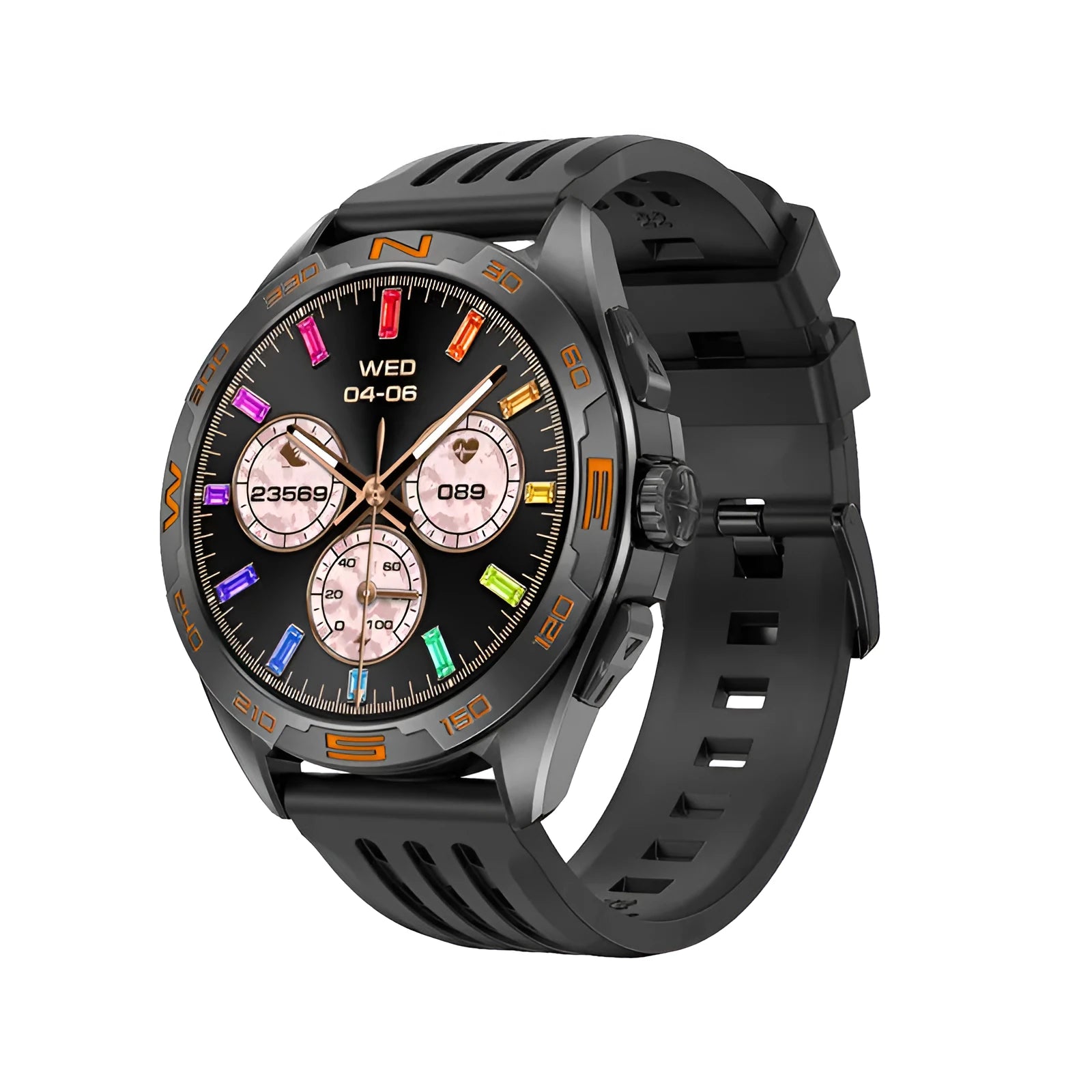 Smart watch for men showing health stats on display, in black steel finish on a wrist.