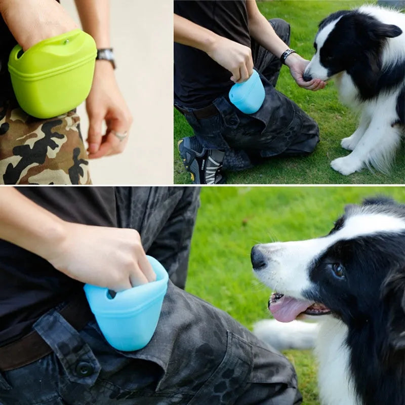 Silicone dog training treat pouch with clip and magnetic opening in assorted colours