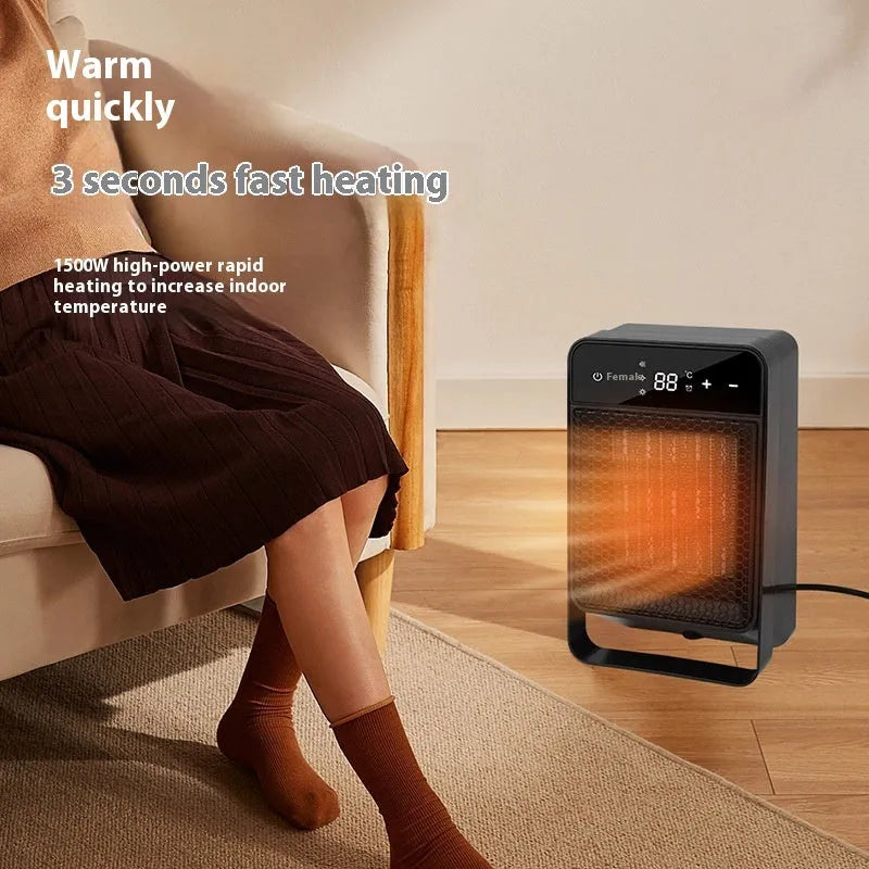 Desktop touch screen warm air blower heater with digital display and remote control on office desk