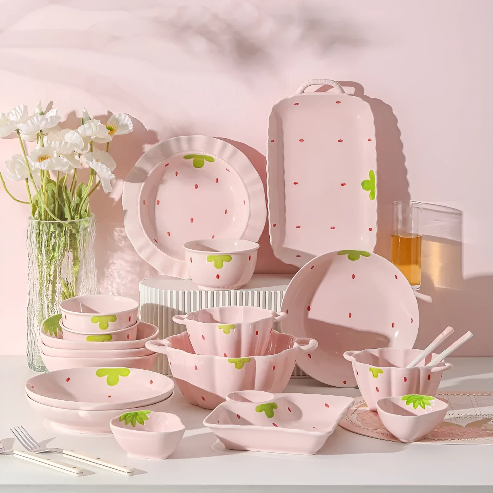 Cute strawberry pattern porcelain dinnerware set with flower bowls, plates, and twist spoon