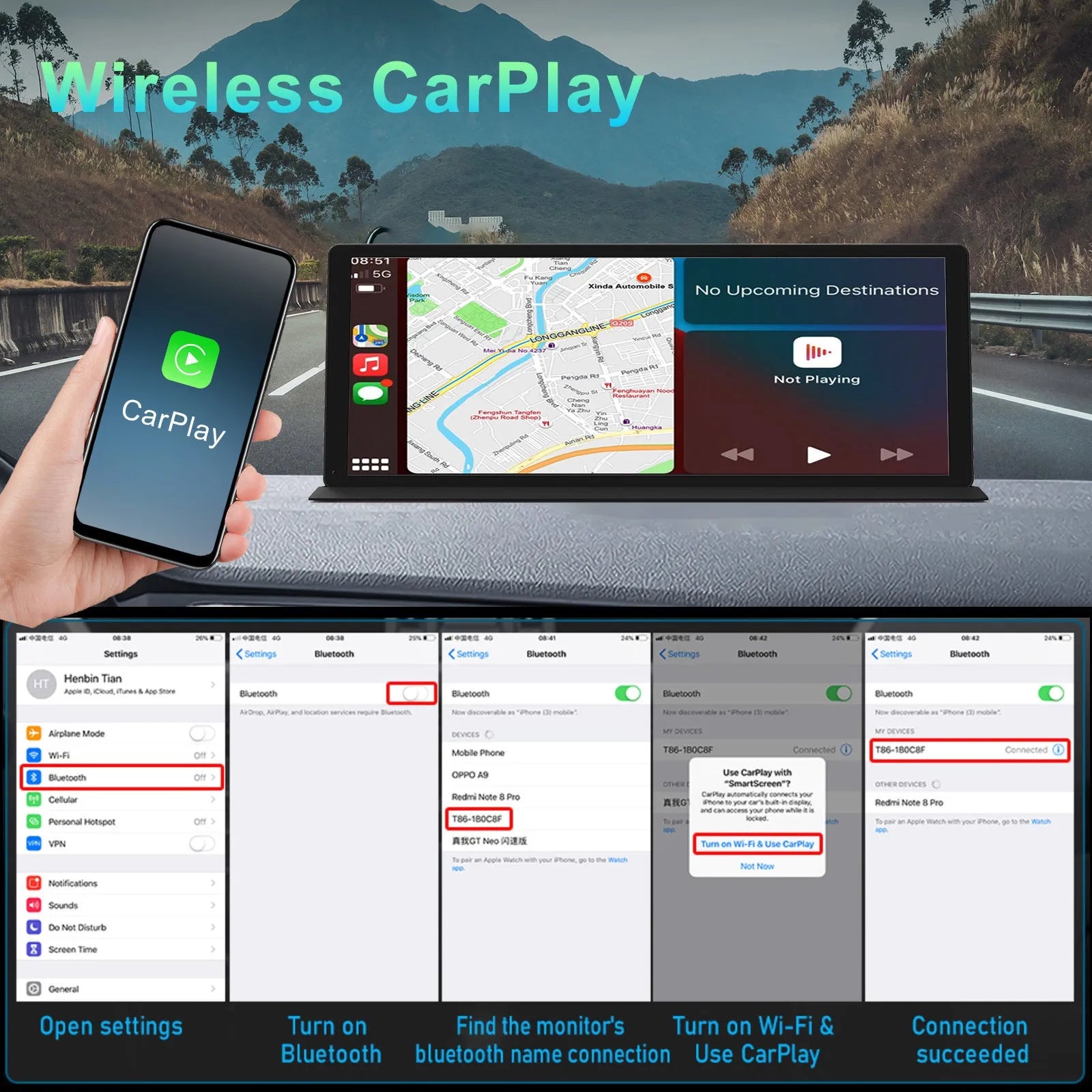 11.3 inch black plastic touch screen dashcam with GPS navigation on car centre console