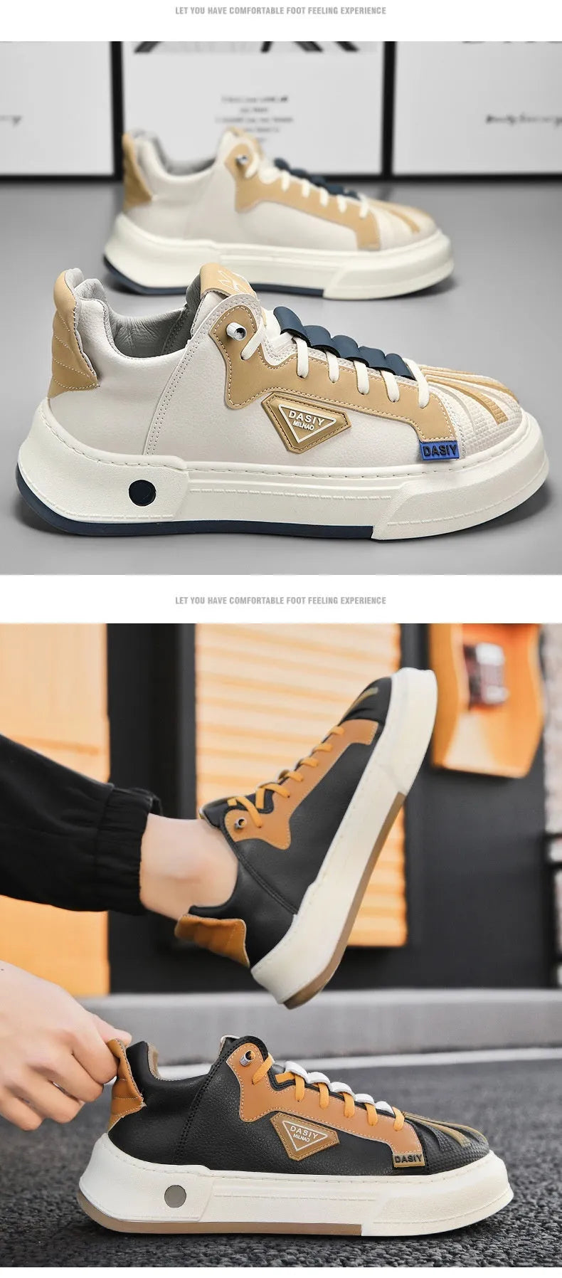 Men's beige low-top sneakers with elastic band closure and leather stitch detail on microfiber upper