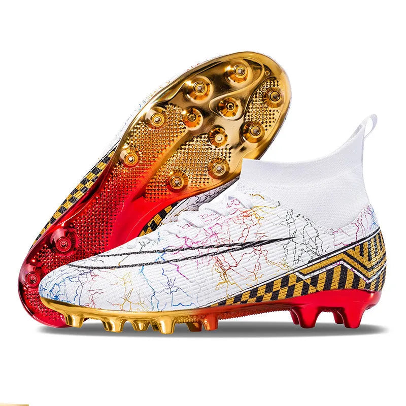 High-top soccer shoes with gold plated bottom, synthetic leather upper, in black colour, side view