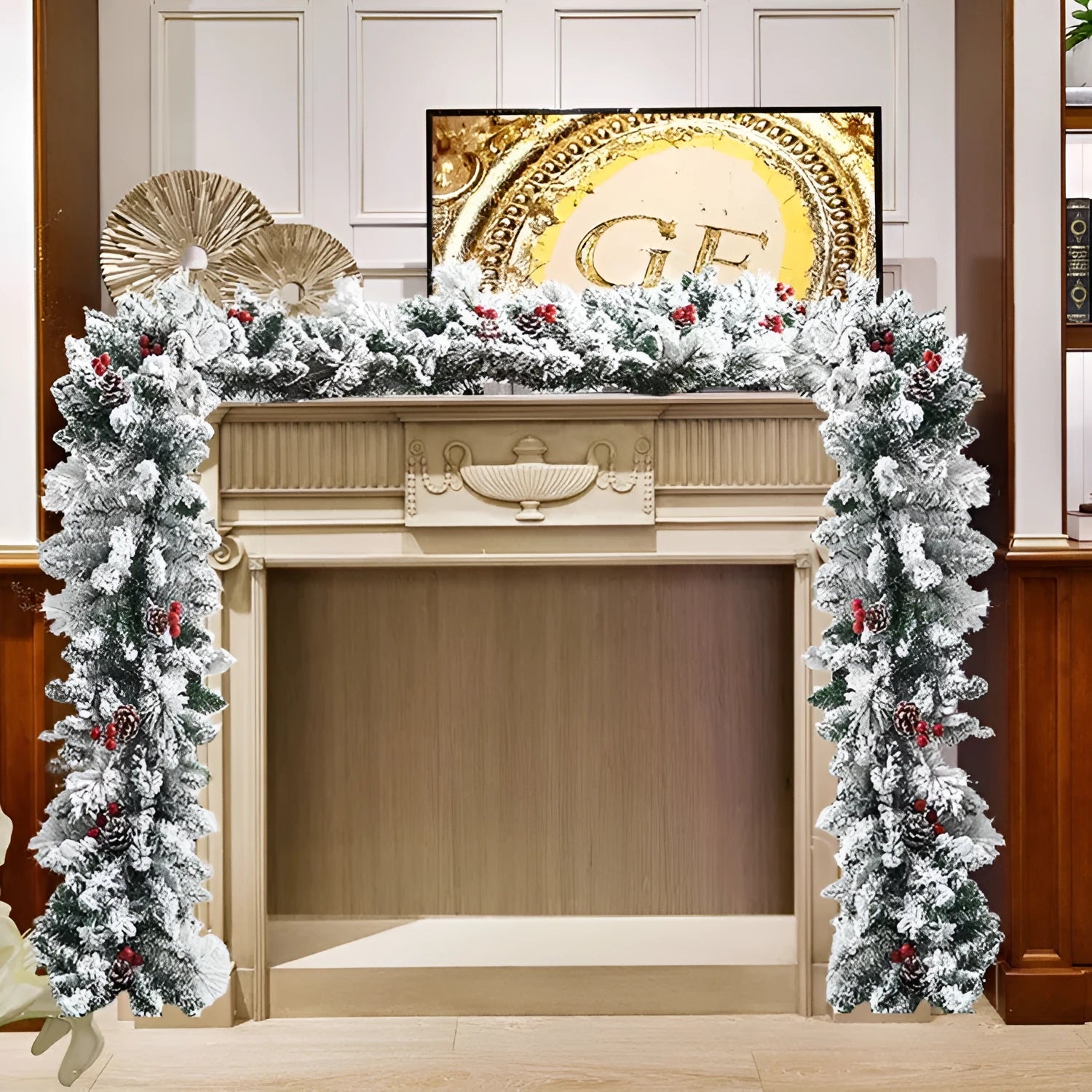 White flocked Christmas rattan vine garland on a wooden mantelpiece