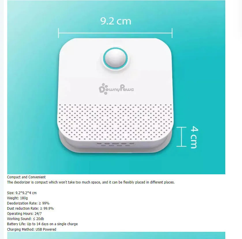 White DownyPaws 4000mAh smart cat odour purifier measuring 9.2 x 9.2 x 4 cm